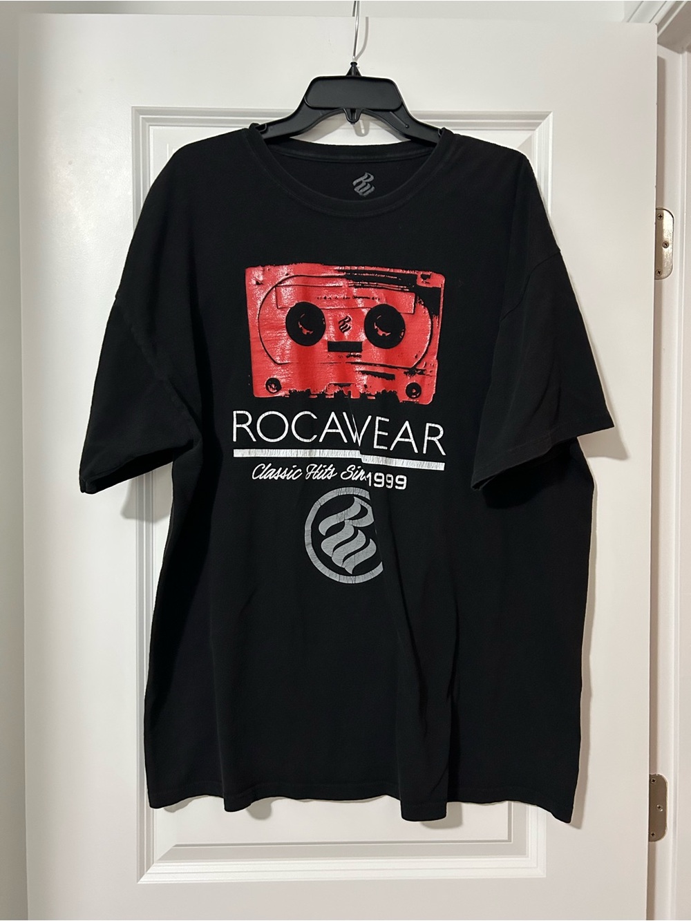Rocawear Black Tee with Red Cassette Graphic and Silver Logo